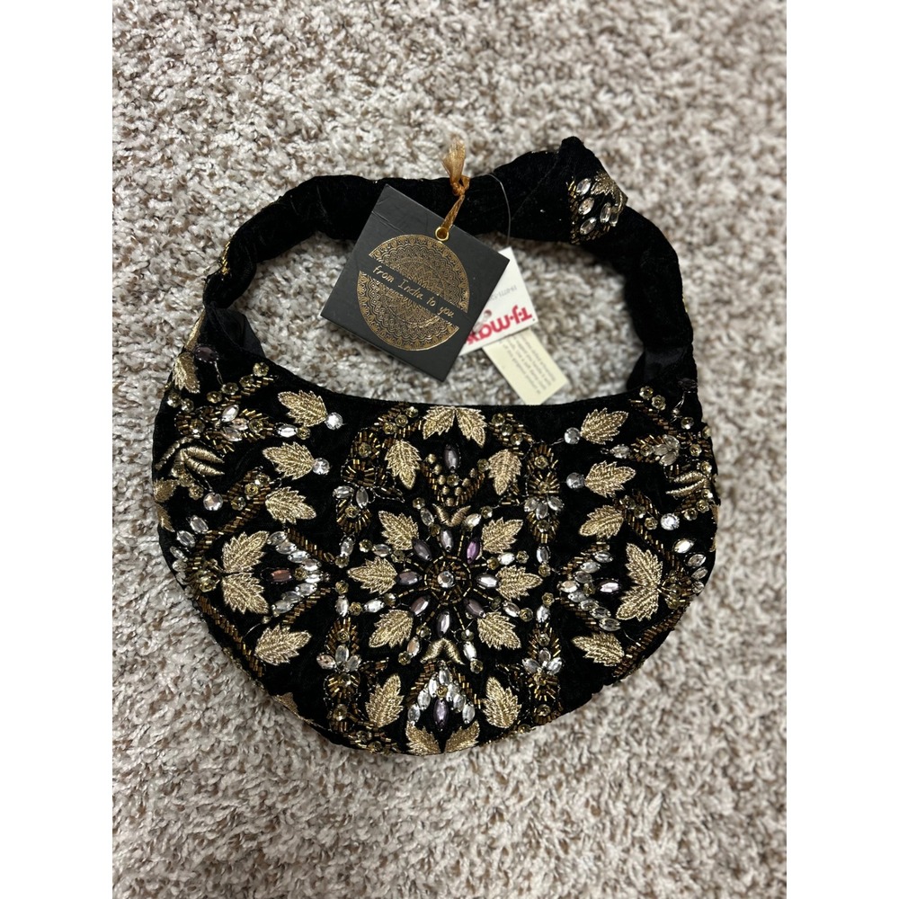 Handcrafted Black Velvet Beaded Evening Bag Gold Floral Embroidery India NWT